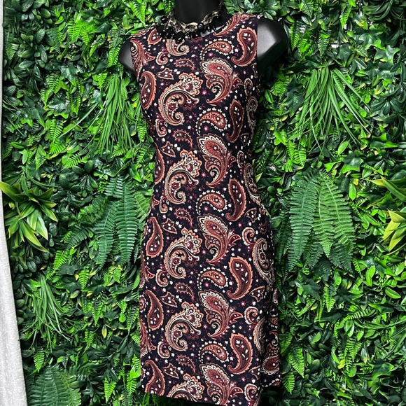 Tommy Hilfiger Dress Medium Black Brown Paisley Print Sleeveless Sheath 3088 - Picture 1 of 8